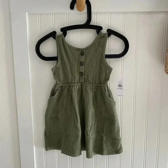 Old Navy Girls Olive Fit & Flare Keyhole Bow Back Pocket Tank Dress 12-18 Months - Picture 1 of 4